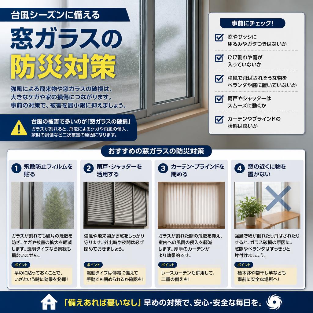 台風シーズンに備える窓ガラスの防災対策なら　よかまど宮崎へお任せください！