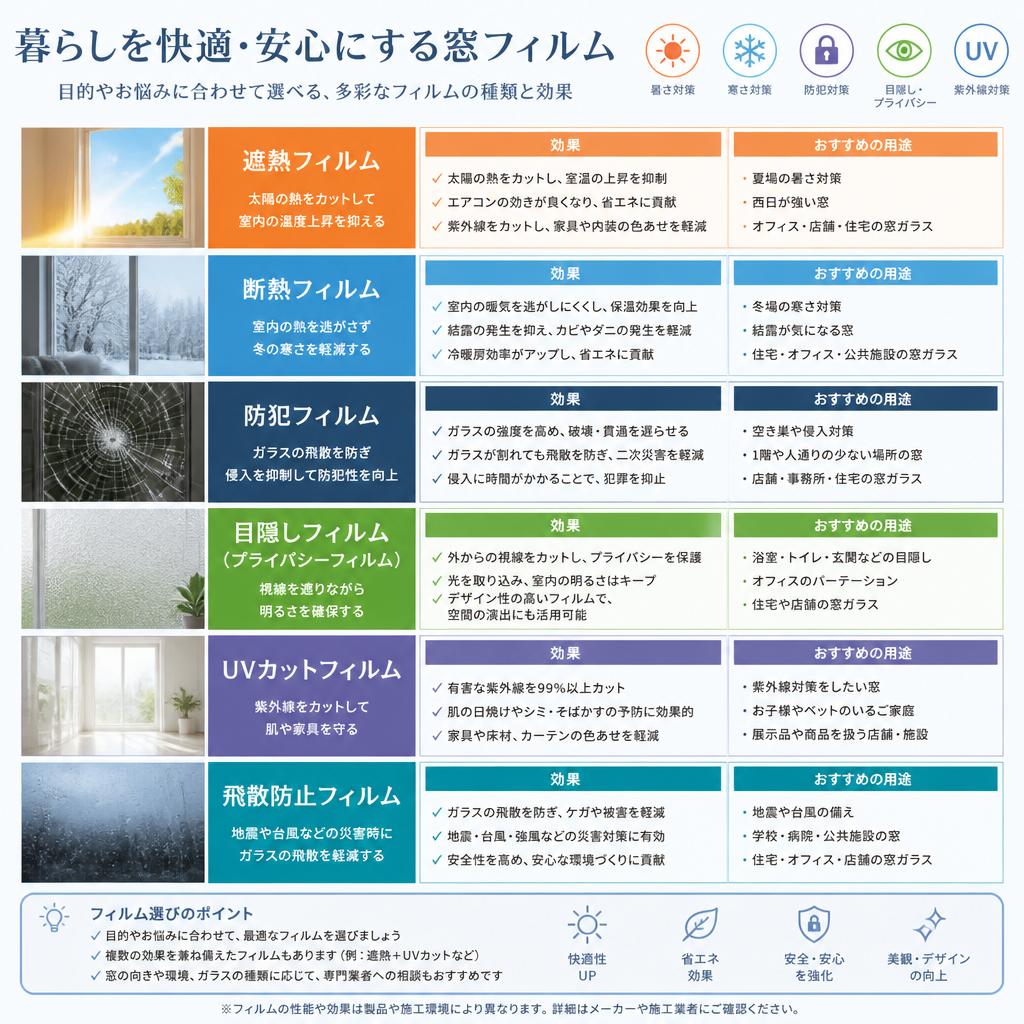 窓ガラスフィルムの種類と効果