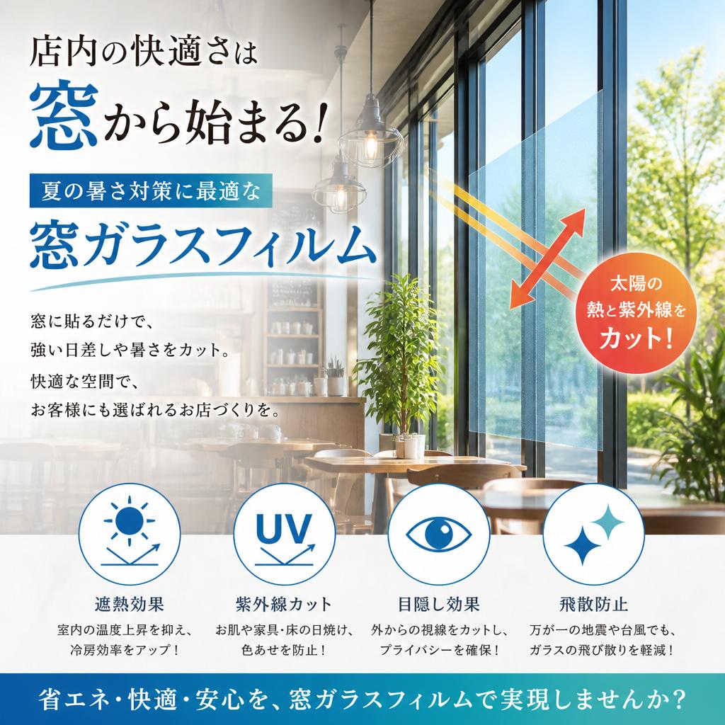 店内の快適さは窓から始まる！夏の暑さ対策に最適な窓ガラスフィルムなら　よかまど福岡へお任せください！